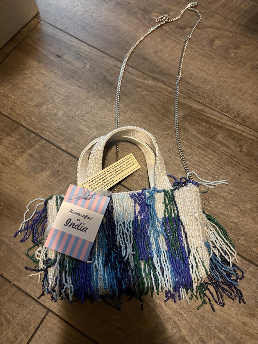 Handcrafted Beaded Fringe Women's Shoulder Bag - Blue & White
